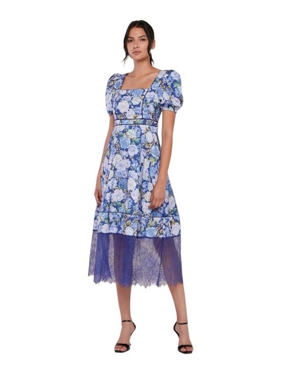 Rachel Pally Dresses & Skirts - Rachel Parcell Puff Sleeve Blue Floral Lace-Trim Midi Dress